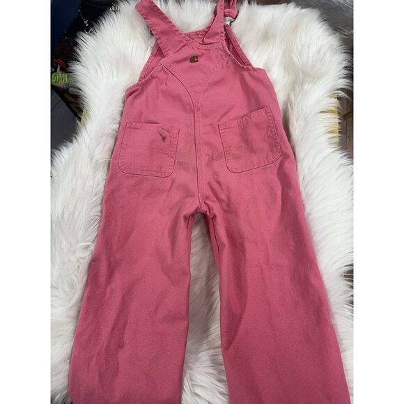 Carhartt Girls' Loose Fit Canvas Bib Overalls Solid Pink Lemonade Size 4T Stains - Picture 5 of 8
